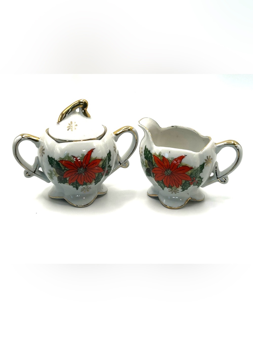 Poinsettia Holiday Creamer & Sugar Set - White with Gold Trim